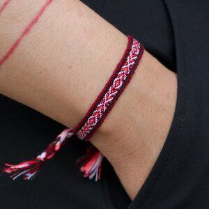 Flat Woven Boho Bracelet, Burgundy/Neon Pink/White, Slim Stacking Bracelet, Hand